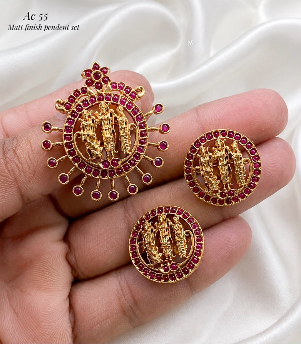 Ram parivar theme zircon stones Matt finish pendent with earings