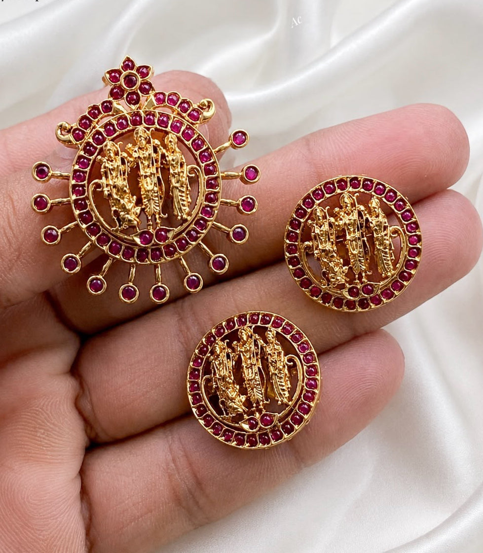 Ram parivar theme zircon stones Matt finish pendent with earings