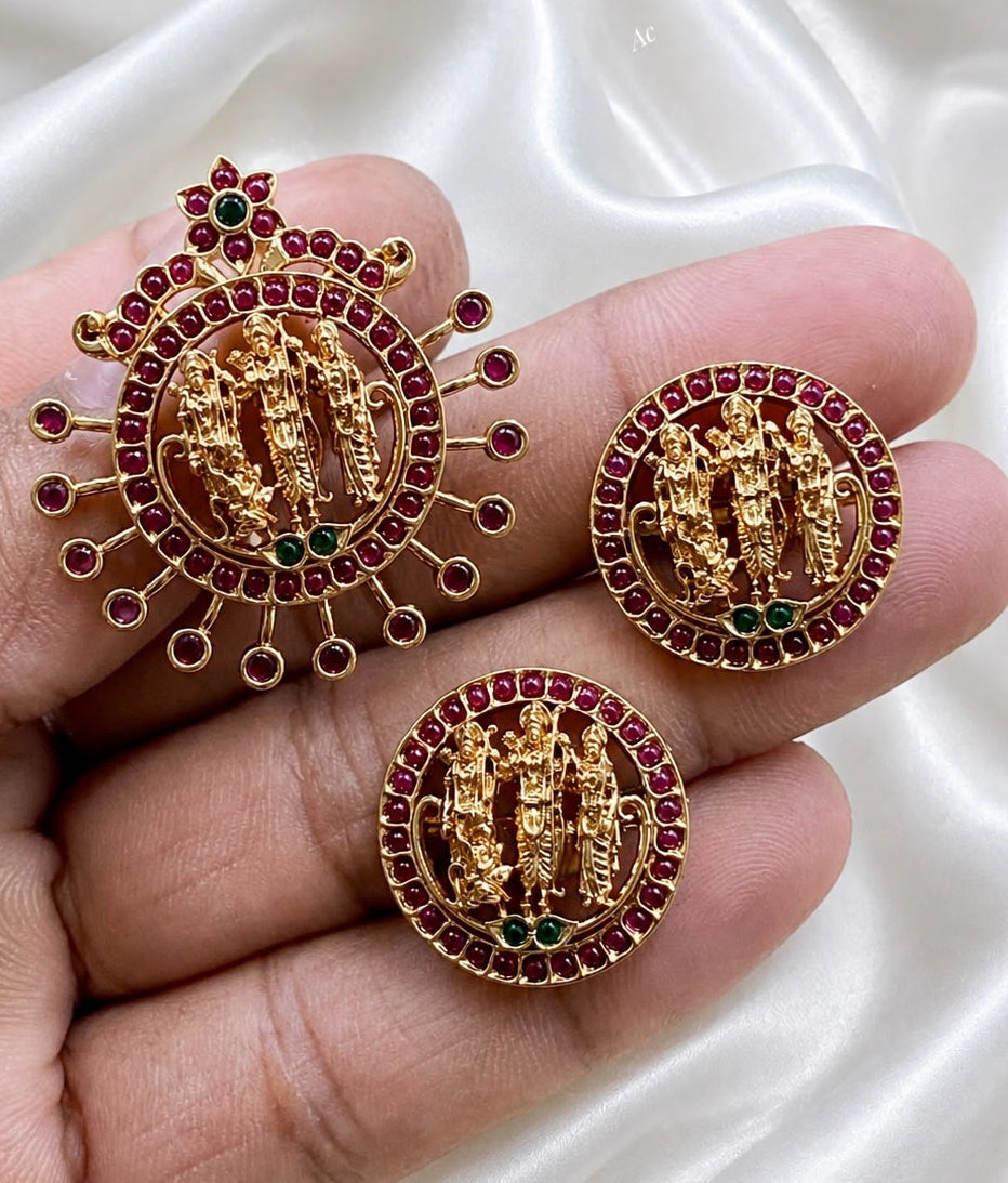 Ram parivar theme zircon stones Matt finish pendent with earings