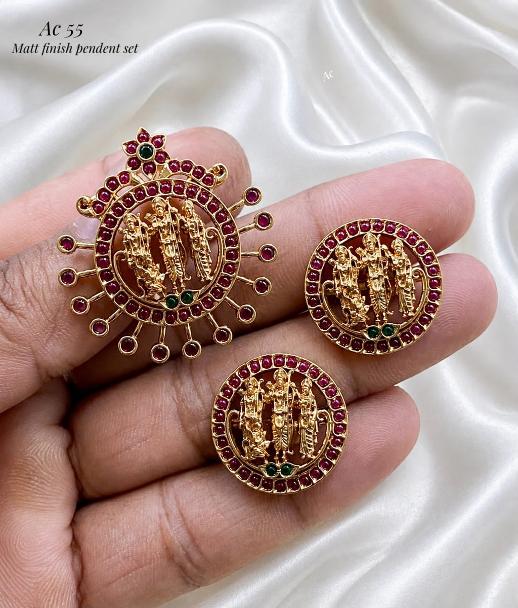 Ram parivar theme zircon stones Matt finish pendent with earings