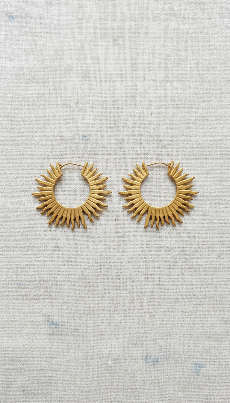 Gold hoop earrings with sunbeam texture
